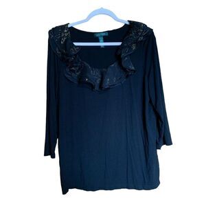 Lauren Ralph Lauren Womens Plus Size 1X Black Printed Ruffle Front Stretch Top